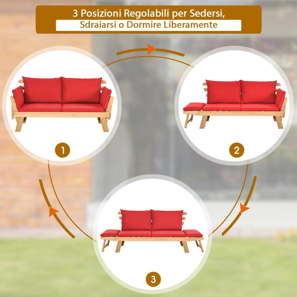 Divano Letto 2 Posti da Esterno in Legno di Acacia con Braccioli Regolabili, Sdraio da Giardino con Cuscini, Chaise longue Pieghevole per Giardino, Piscina, Cortile (Rosso)