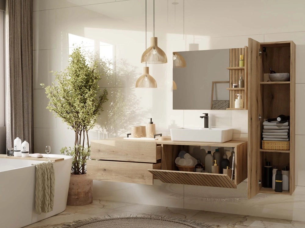 Mobile bagno sospeso colonna scaffale TIGO 1d rovere EVOKE scanalato frontale