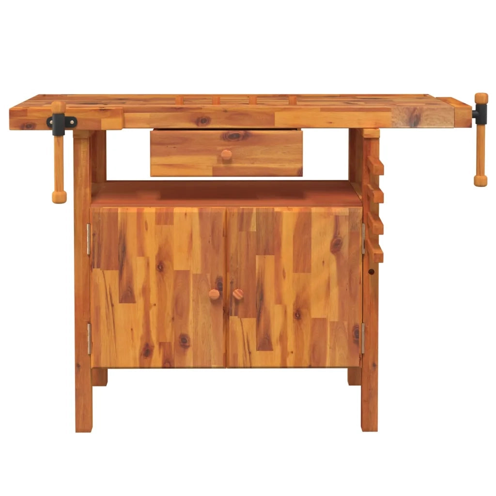 Banco da lavoro con cassetto e morse 124x52x83 cm in legno massello di acacia 153321