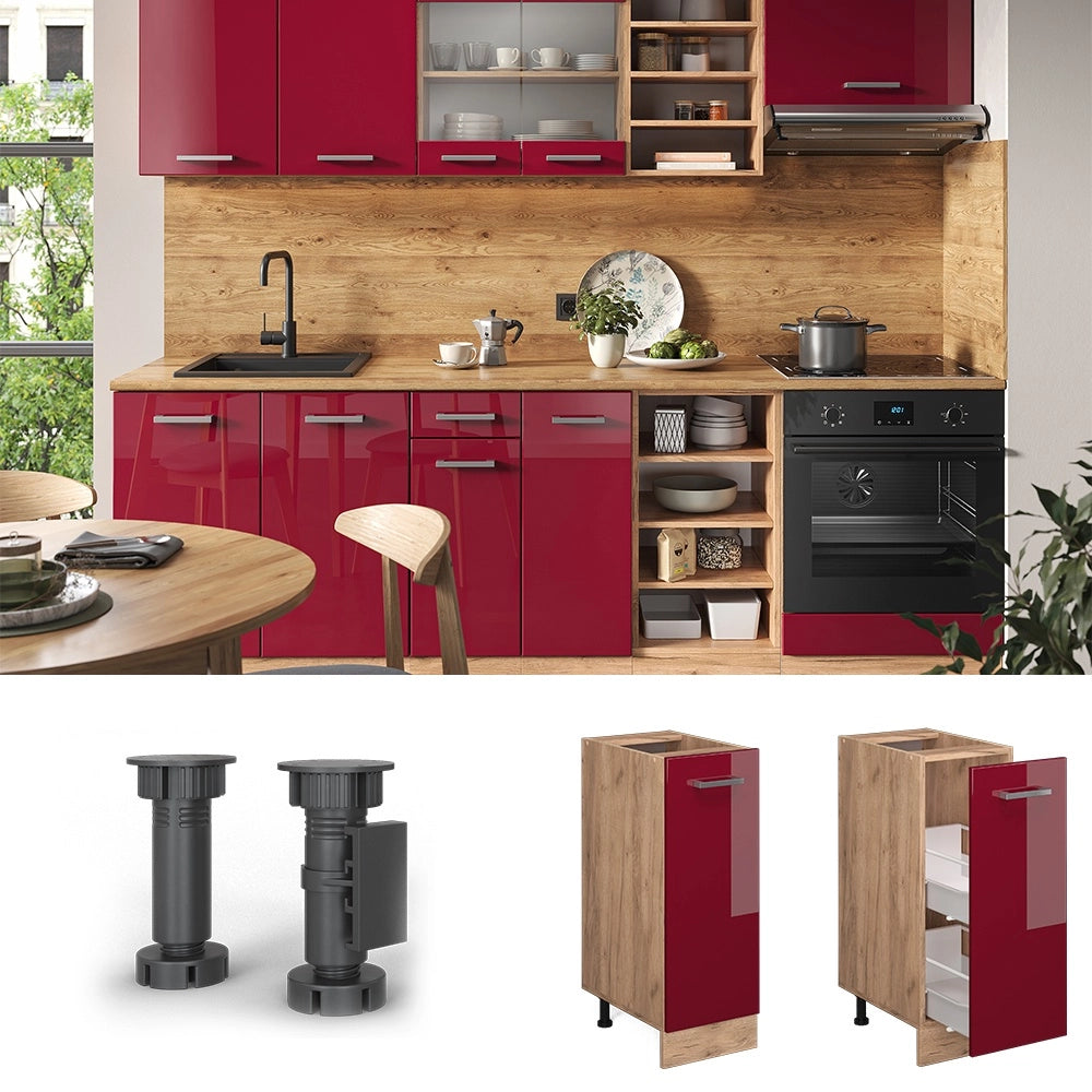 Armadio cucina dispensa alto R-Line Rosso lucido/Rovere dorato 30 cm senza piano di lavoro Vicco