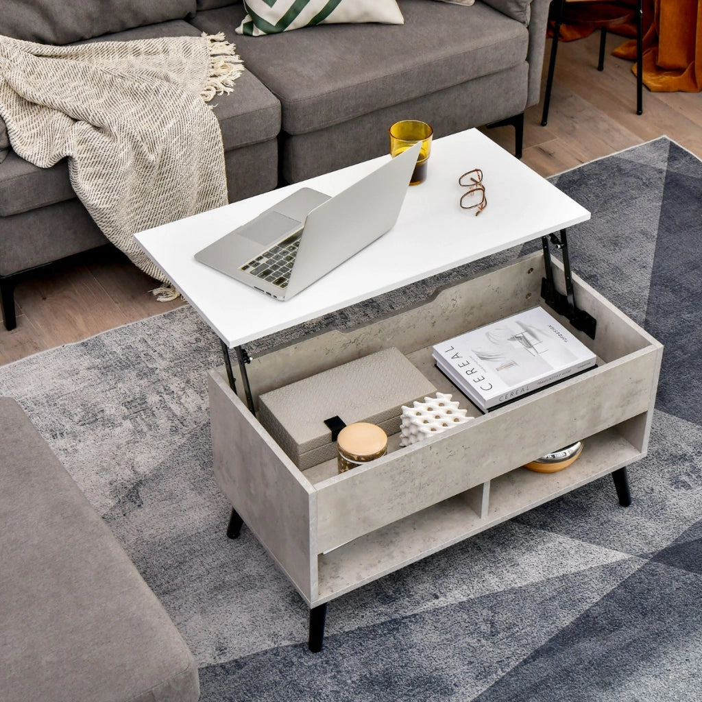 Tavolino da caff¨¨ moderno con scomparto nascosto e 2 scaffali aperti, Tavolino per soggiorno in legno Grigio-Tavolini da salotto
