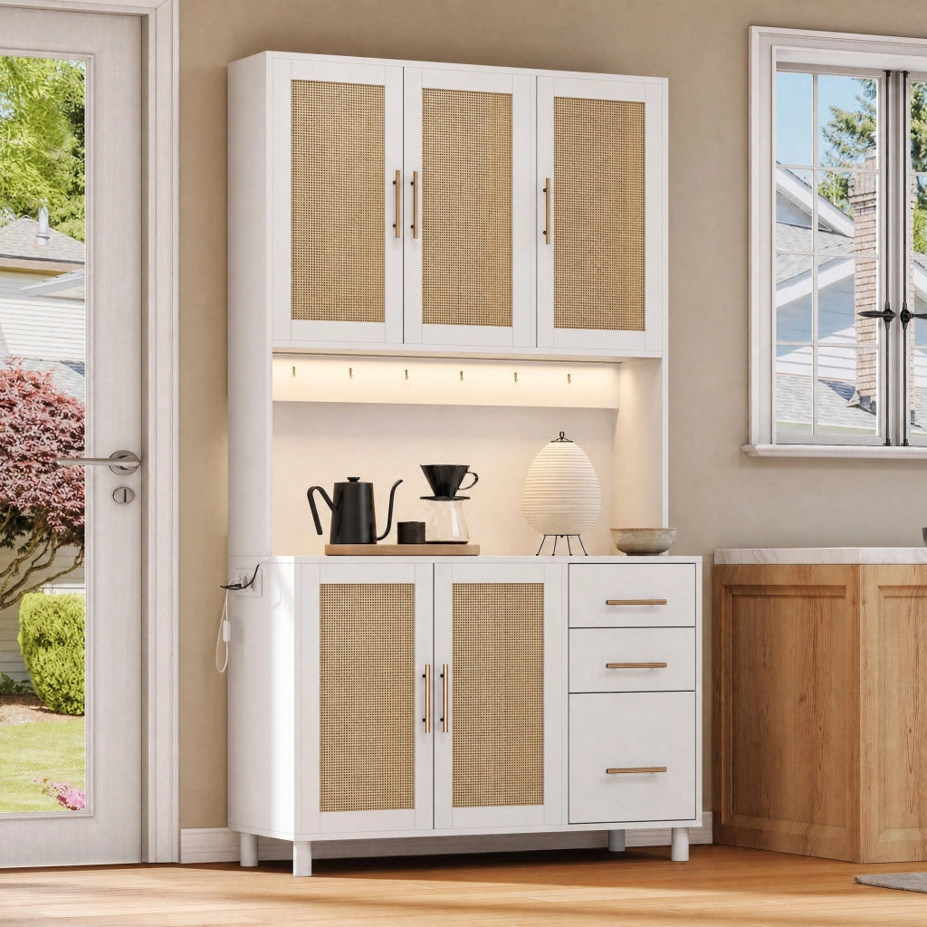 Credenza cucina in MDF bianco con LED RGB, 2 prese europee, USB, 3 cassetti, ante e ripiani regolabili
