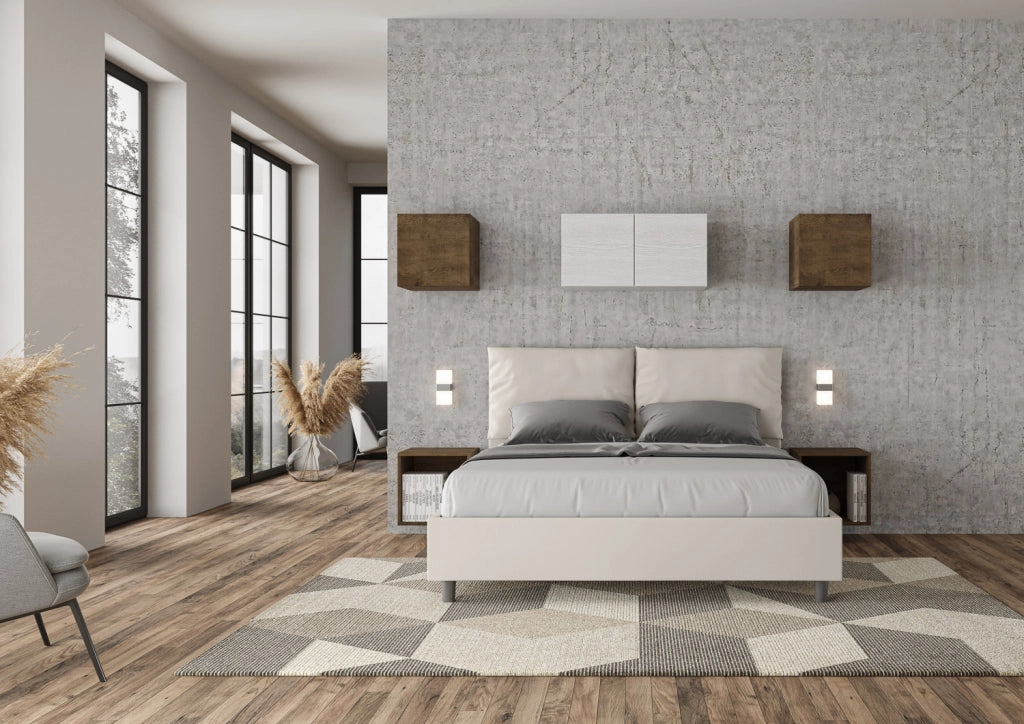 Letto Matrimoniale 160x200 cm con Rete e Contenitore con Alzata Comoda Imbottito in Similpelle Antea Bianco