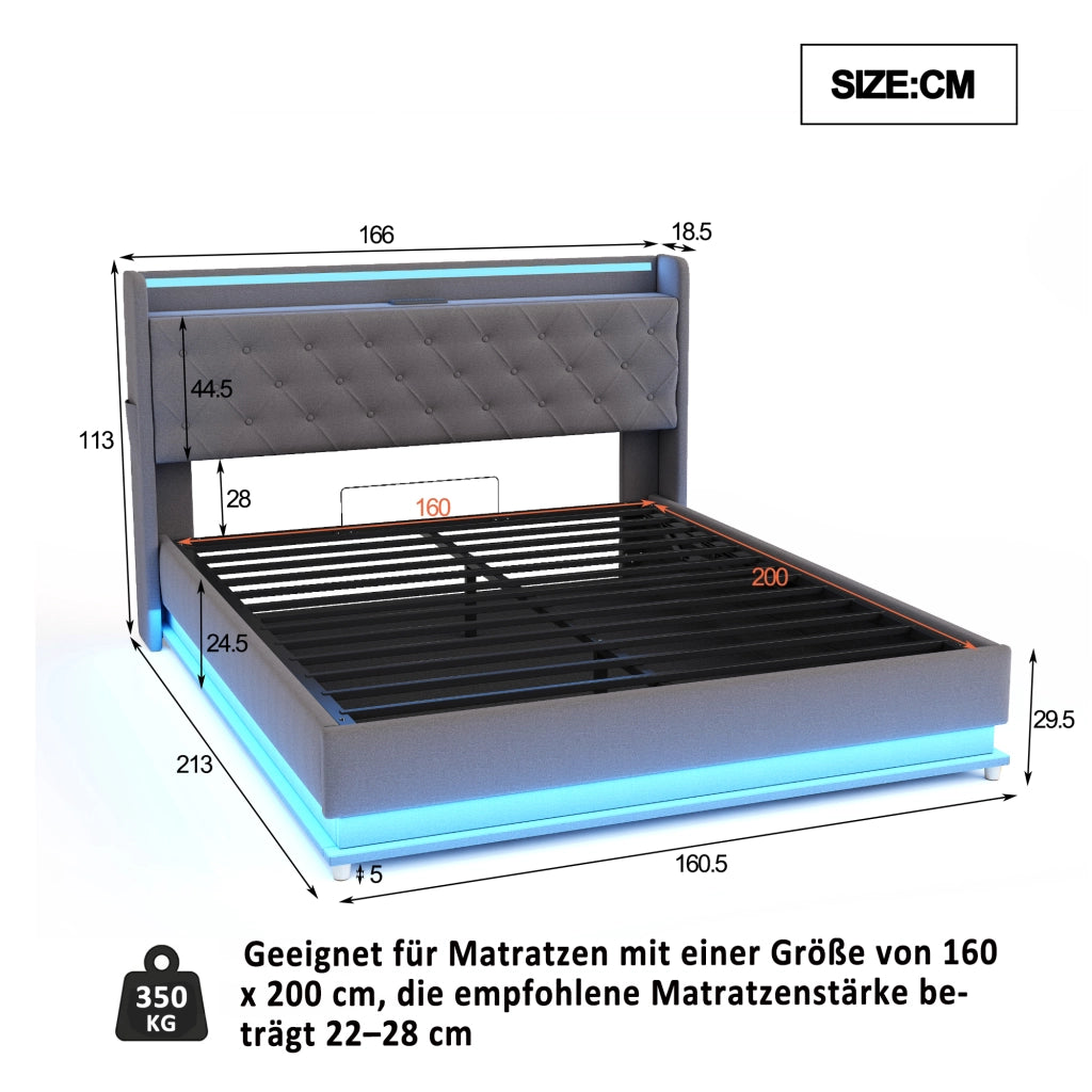 LETTO imbottito LED 160x200 cm grigio con USB e contenitore