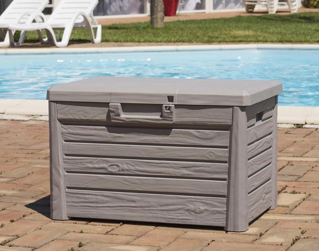 Baule da esterno e interno Compact Box Florida 120 litri con seduta effetto legno colore grigio tortora Toomax