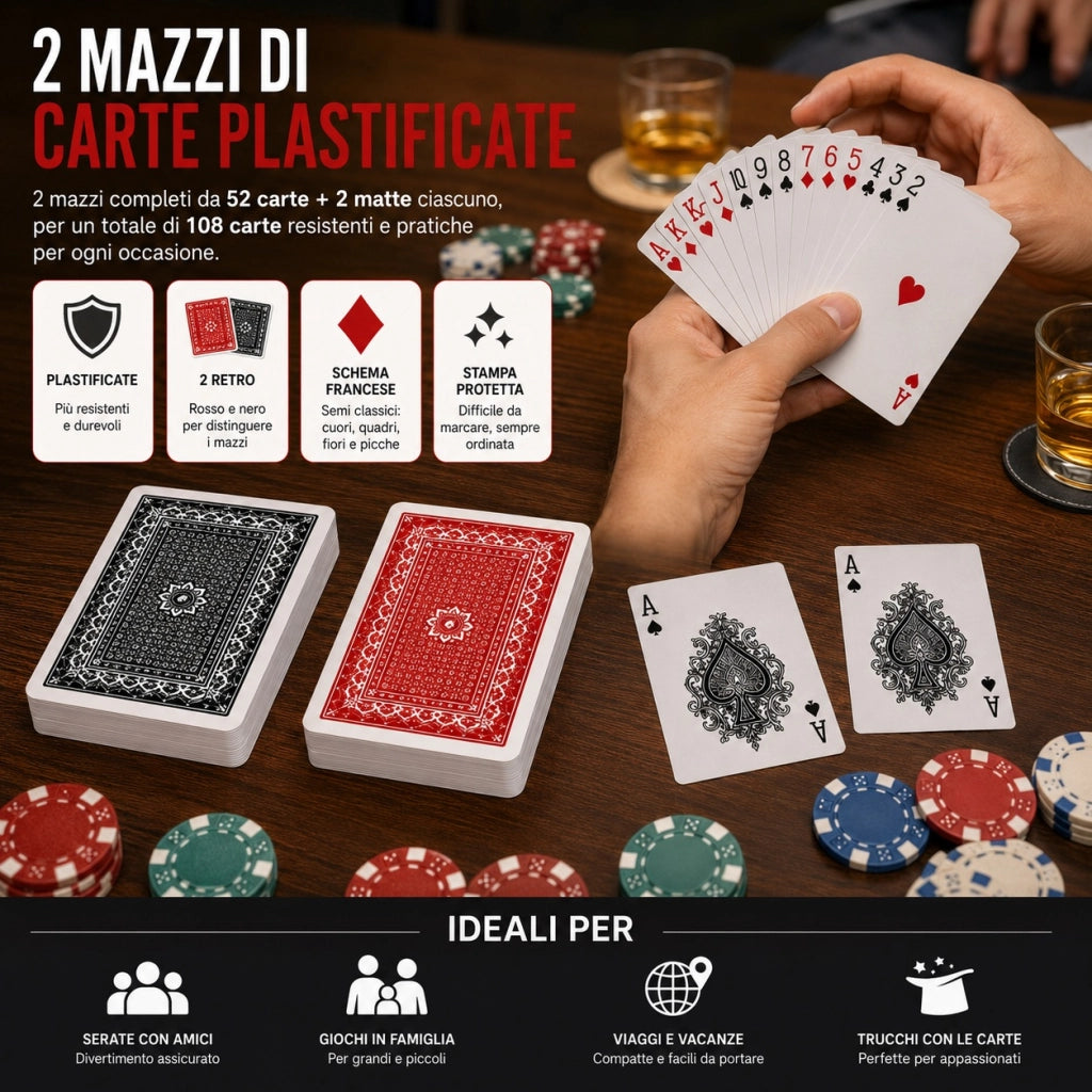 2 Mazzi Carte Francesi Plastificate 52 Carte + 2 Matte Rosso Nero