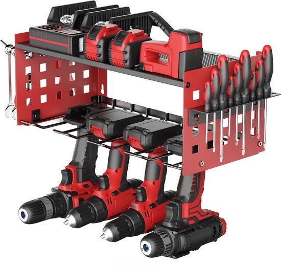 Magazzino a 2 piani per strumenti da banco con supporto per 4 strumenti elettrici, supporto per strumenti per garage, officina (rosso)