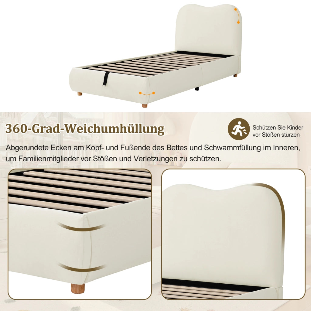 Letto contenitore per bambini 90x200 cm con sollevamento idraulico; ampia capacità; testiera imbottita; velluto beige