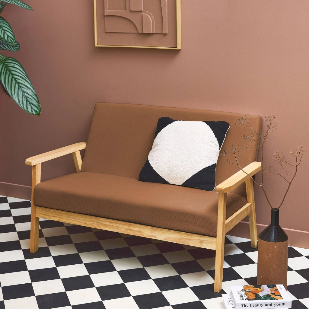 Divano in velluto a coste con gambe in legno, 2 posti, marrone