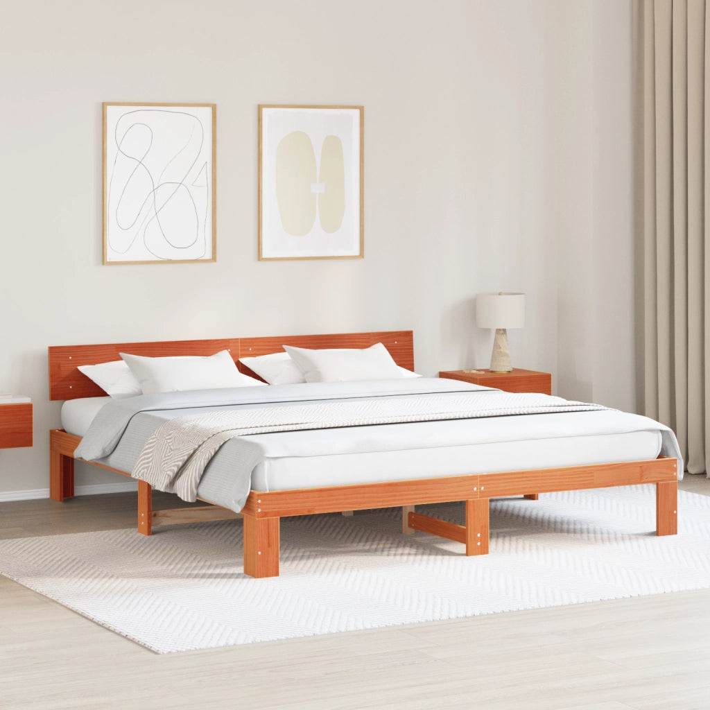 Struttura Letto con Testiera Marrone Cerato 200x200 cm Legno Massiccio di Pino