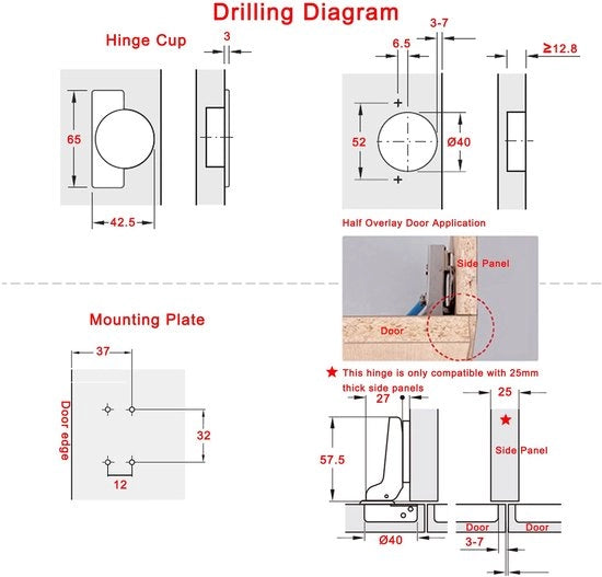 Scharnieri 95° a Demping Automatica per Porte - Scharnieri Piccoli - Scharnieri Neri - Scharnieri per Porte - Adatti per Cucina e Armadio