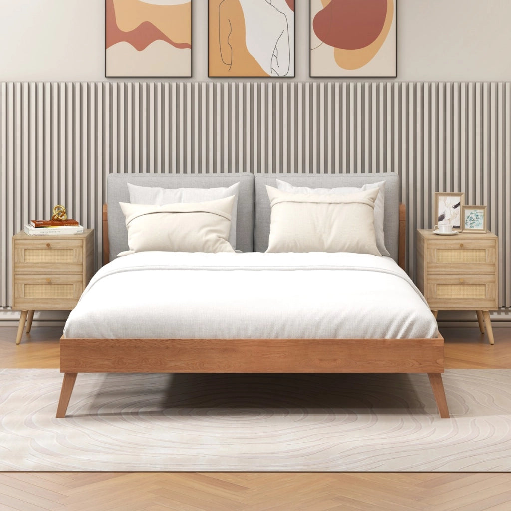Set di 2 comodini in rattan con 2 cassetti gambe in legno massello-2 Tavolini comodini Boho Naturale