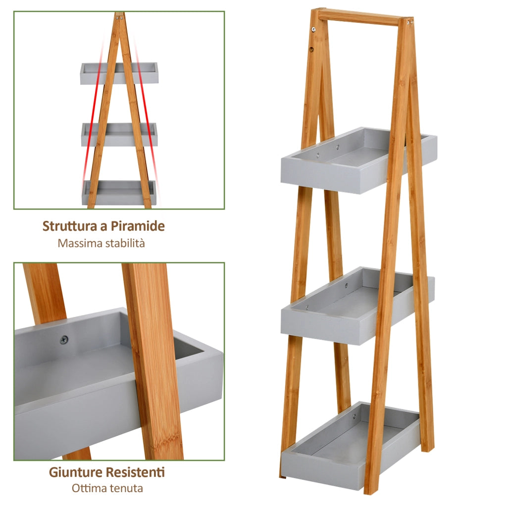EasyComfort Scaffale Salvaspazio da Bagno in MDF e Bambù, Forma a Piramide con 3 Mensole, Color Legno e Grigio, 30x18x81cm