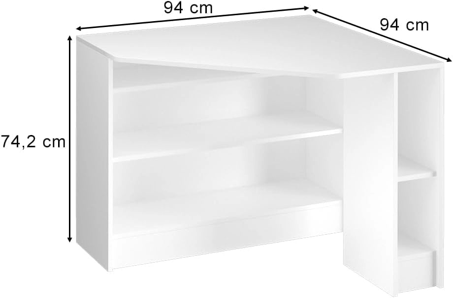 Scrivania angolare Alvaro, Bianco, 94 x 94 cm, con ripiani aperti per un utilizzo flessibile nell'area di lavoro
