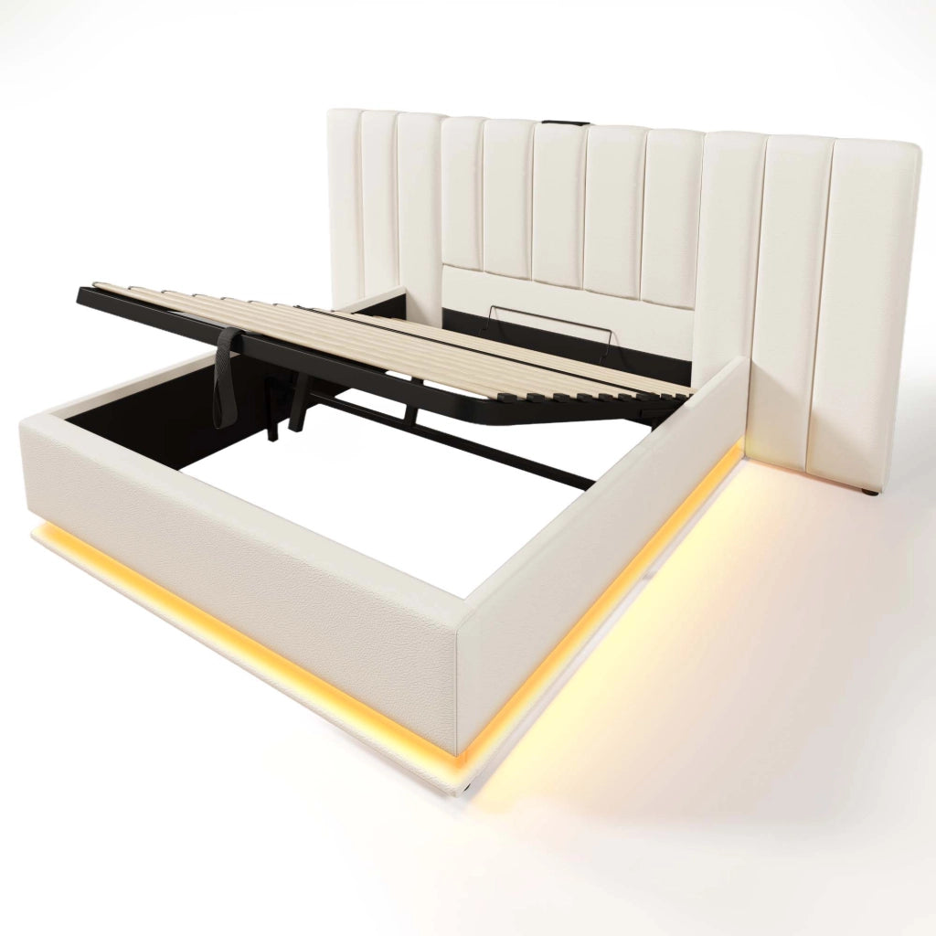 Letti contenitori 160x200 cm con LED e ricarica USB-C; PU bianco (Senza materasso)