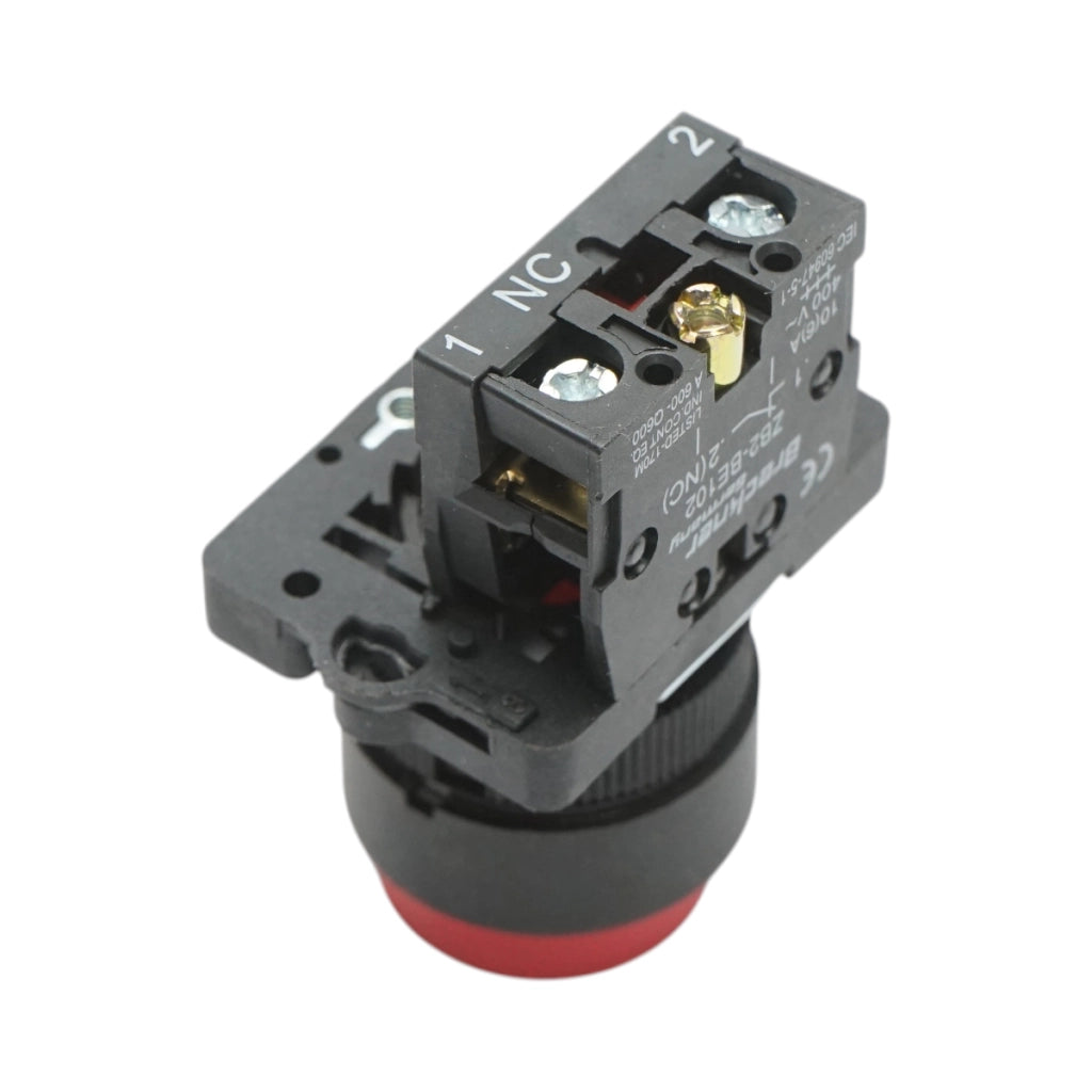 Pulsante di comando STOP convesso rosso con ritorno 1NC, 400V/10A, LAY5 Breckner Germany
