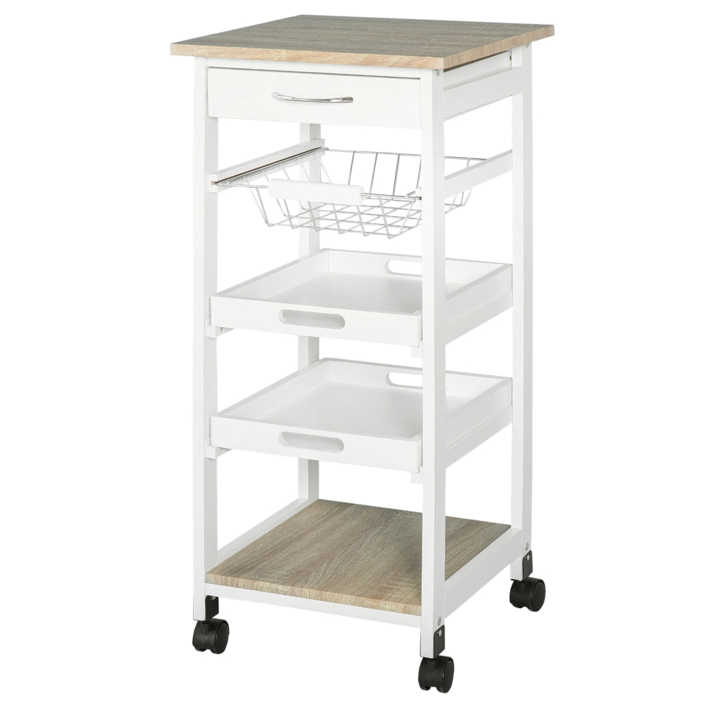 Carrello da cucina con ruote, cestino, 2 ripiani amovibili, cassetto e scaffale ¨C zephmum ¨C MDF quercia chiaro e pino bianco