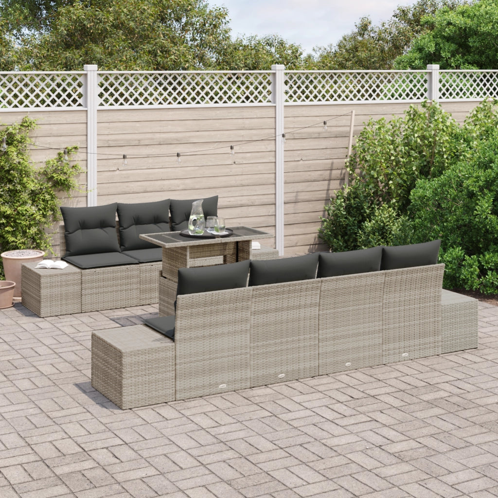 Set Divano da Giardino 8 Pezzi con Cuscini Polyrattan Grigio Chiaro