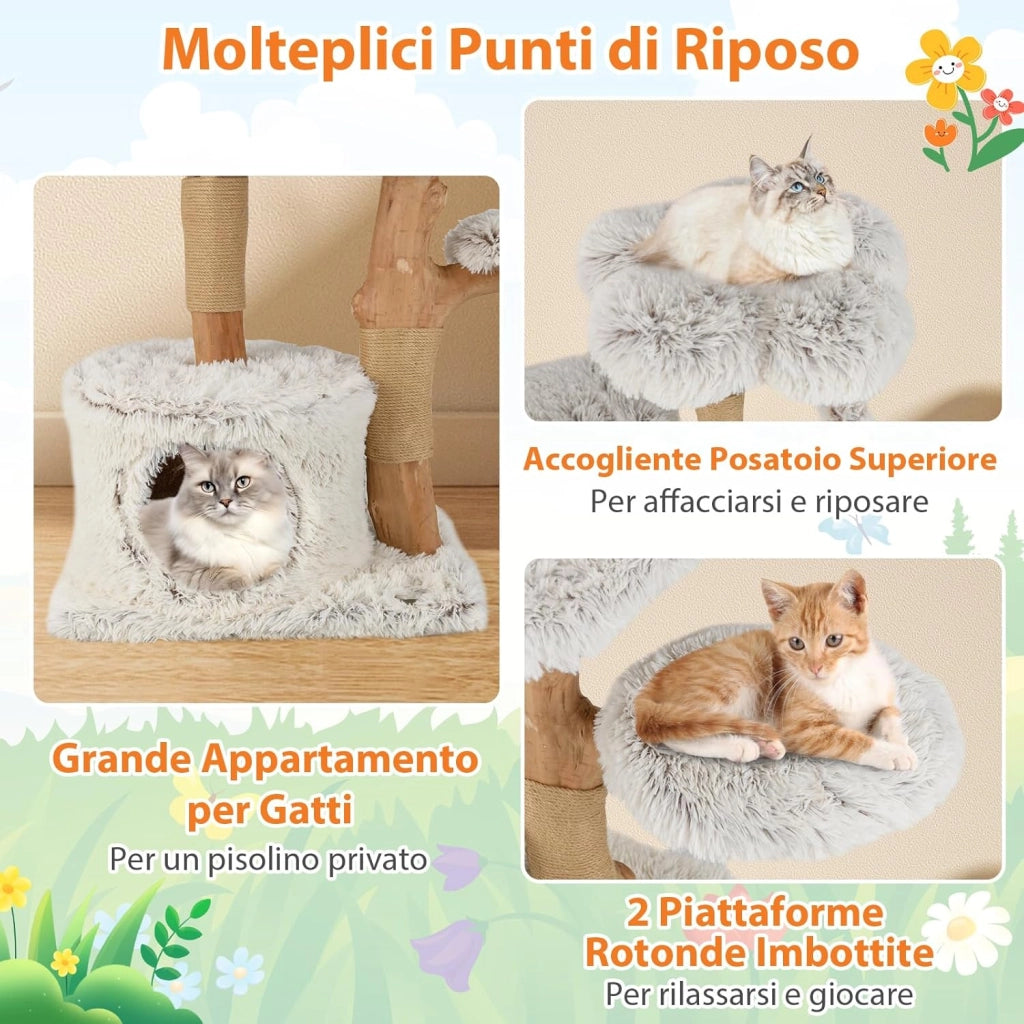 Tiragraffi per Gatto Alto 135 cm, Albero Tiragraffi in Legno di Pero Naturale con Grotta e 6 Piani, Torre per Gatti Imbottito in Peluche con Corde Juta e Pompon, Bianco