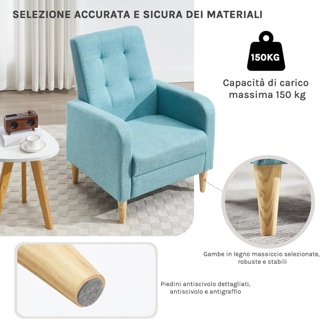 Poltrona da Salotto, Poltrona Relax con Schienale Alto, Sedia di Relax con Pieno Legno Massello Piedi, Seduta Imbottita, Rivestimento in Lino, per Salotto, Ufficio, Blu, SKS41bl