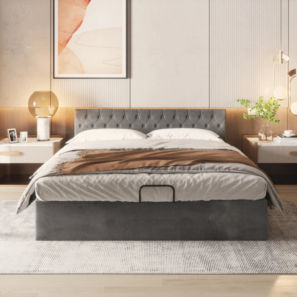 Letto matrimoniale imbottito in velluto grigio 180x200 cm con testiera trapuntata, rete a doghe e contenitore idraulico