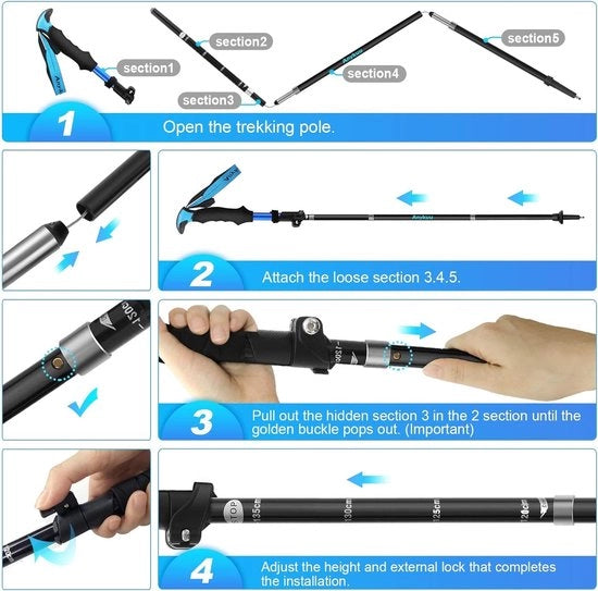 Stecchi da trekking, opvouibili, per Nordic Walking, in 7075, alluminio, telescopici, regolabili, per arrampicata, camminata, con tasca da trasporto e manico in schiuma EVA