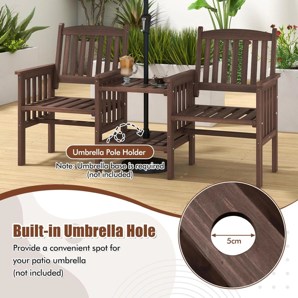 Set di salotto da giardino in un pezzo, in legno massello, 1 tavolo con foro per ombrelloni e 2 poltrone, mobili da esterno per cortile, patio, terrazza (carico 150 kg, marrone)