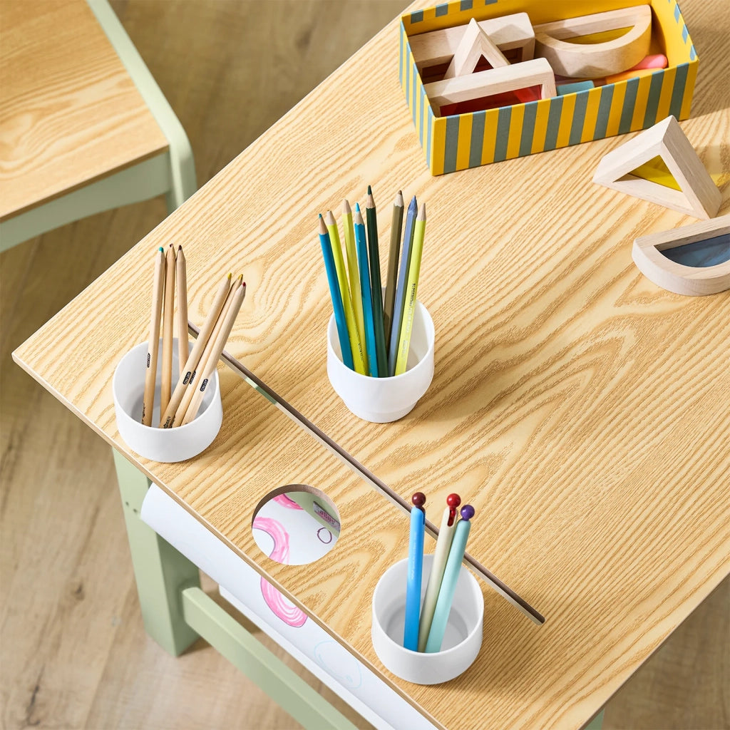 SoBuy Tavolino Bambini con 1 Sedia, Set Tavolo e Sedie per Bambini Multiattività con 2 Ripiani, Tavolo Disegno e Gioco, Sedia Scrivania Cameretta Verde 80x50x66cm KMB60-GR