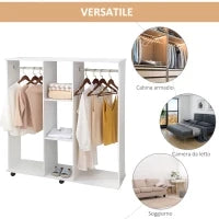 Armadio Guardaroba a Rotelle con 2 Barre e 3 Ripiani Aperti, in Legno e Alluminio, 120x40x128 cm, Bianco