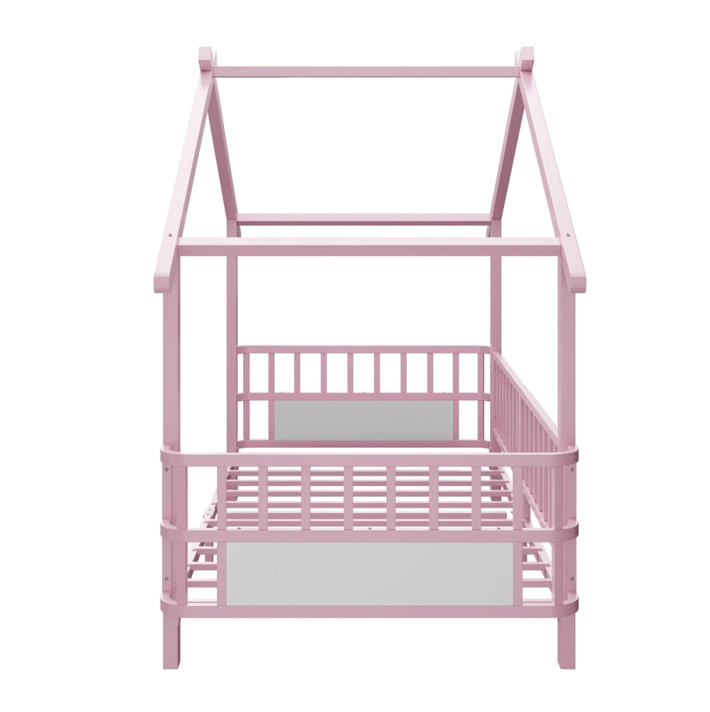 Letto a forma di casa 90x200 cm con sponde di sicurezza in metallo rosa