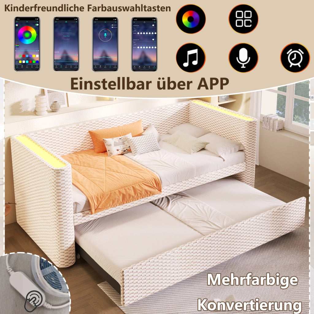 Letto salvaspazio matrimoniale 90×200 cm e 180×200 cm con LED; MDF e velluto; senza materasso; beige