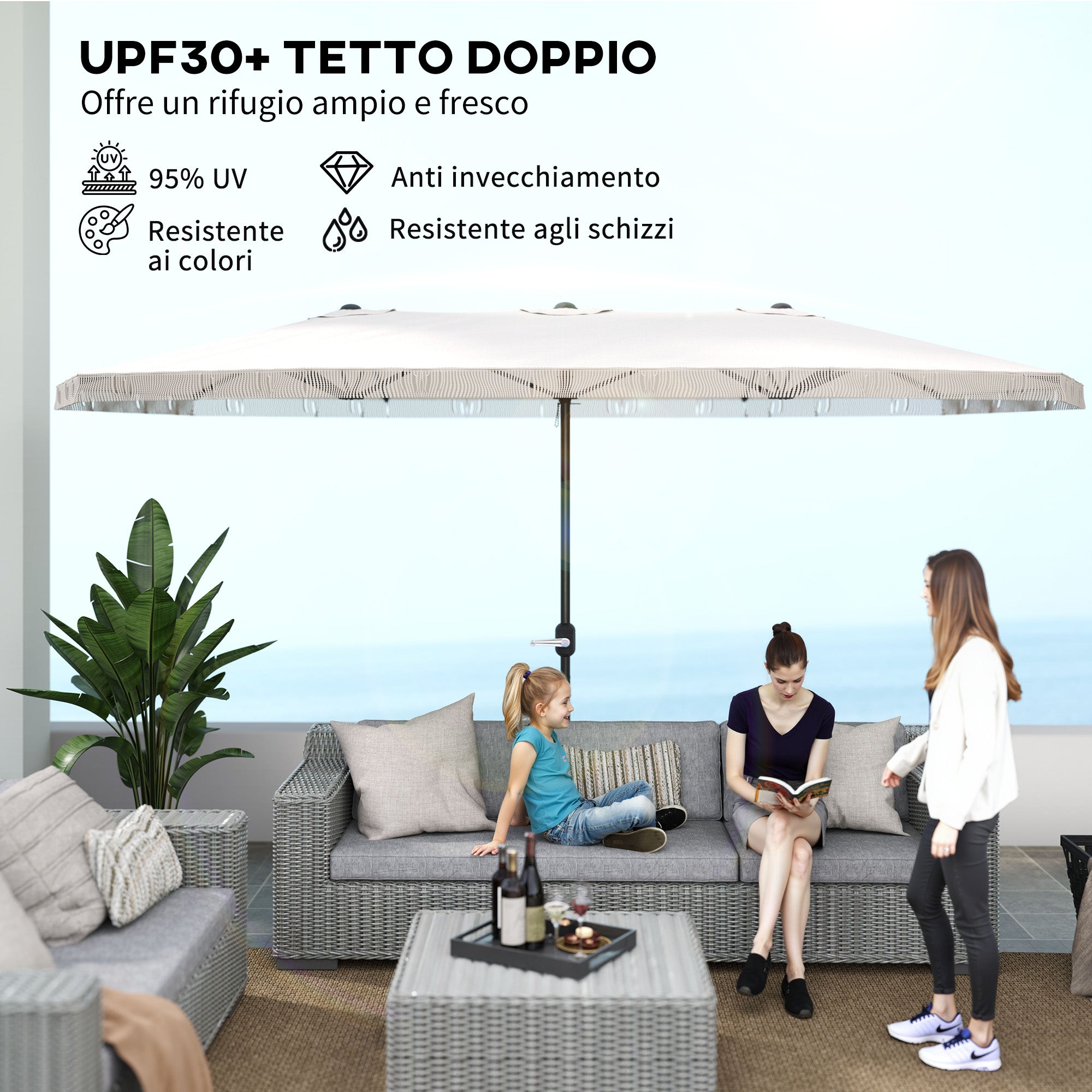 Ombrellone Doppio a 12 Stecche 450x265x260 cm in Acciaio e Poliestere Bianco Crema