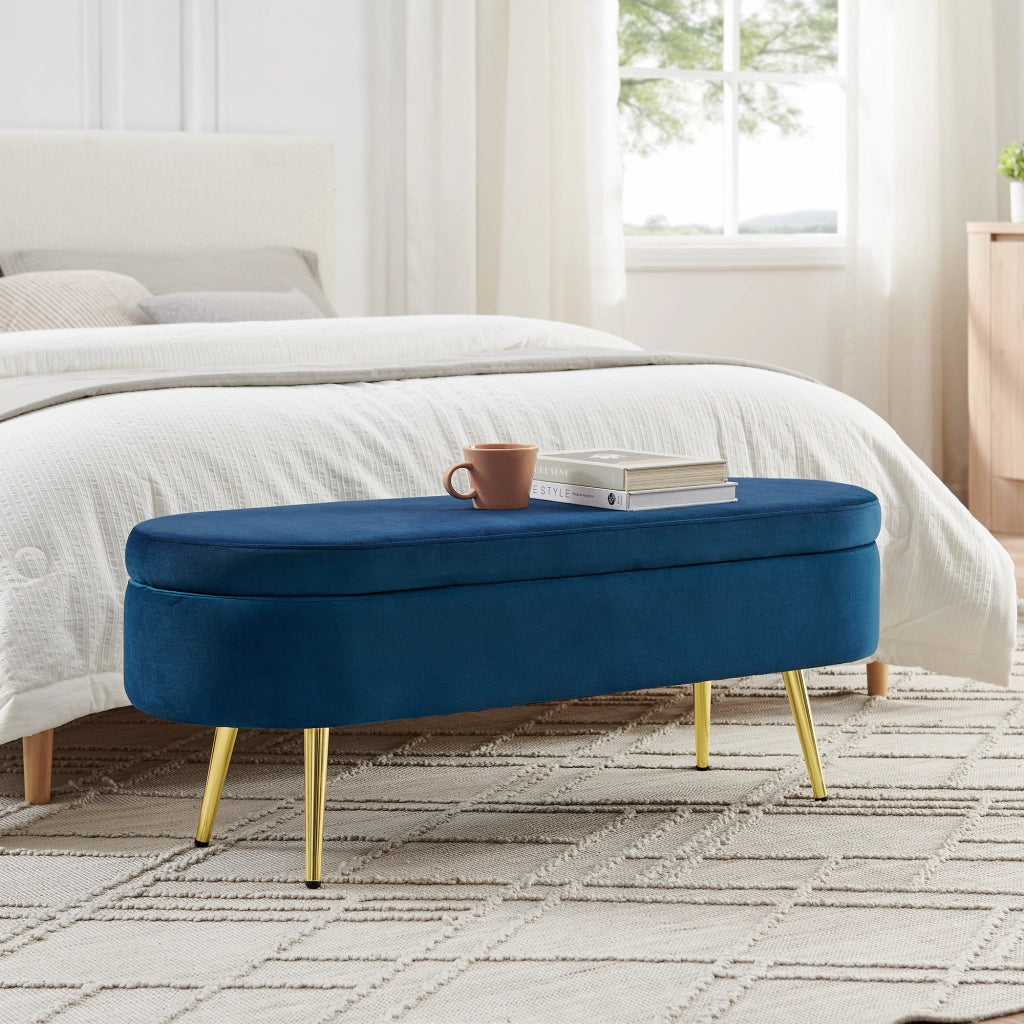 PANCHINA CONTENITORE 110x40x42 cm in velluto blu con gambe in metallo