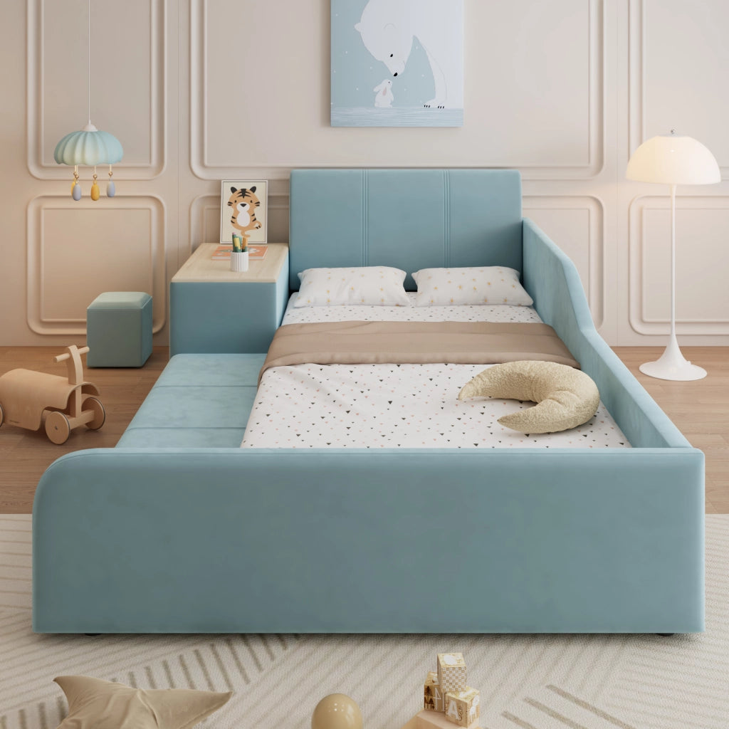 OKWISH Letto Bambino 90×200 cm, Letto Singolo con Scrivania Laterale, Sgabello e Ripiani, senza Materasso, in Velluto, Blu