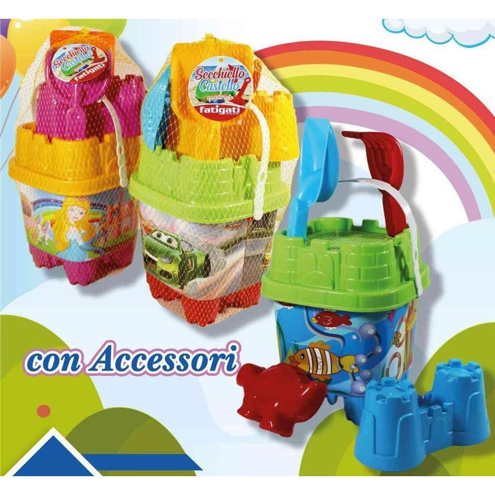 Trade Shop - Set Secchiello Da Spiaggia Varie Grafiche Assortite Con Accessori Mare Quadrato 406692 -