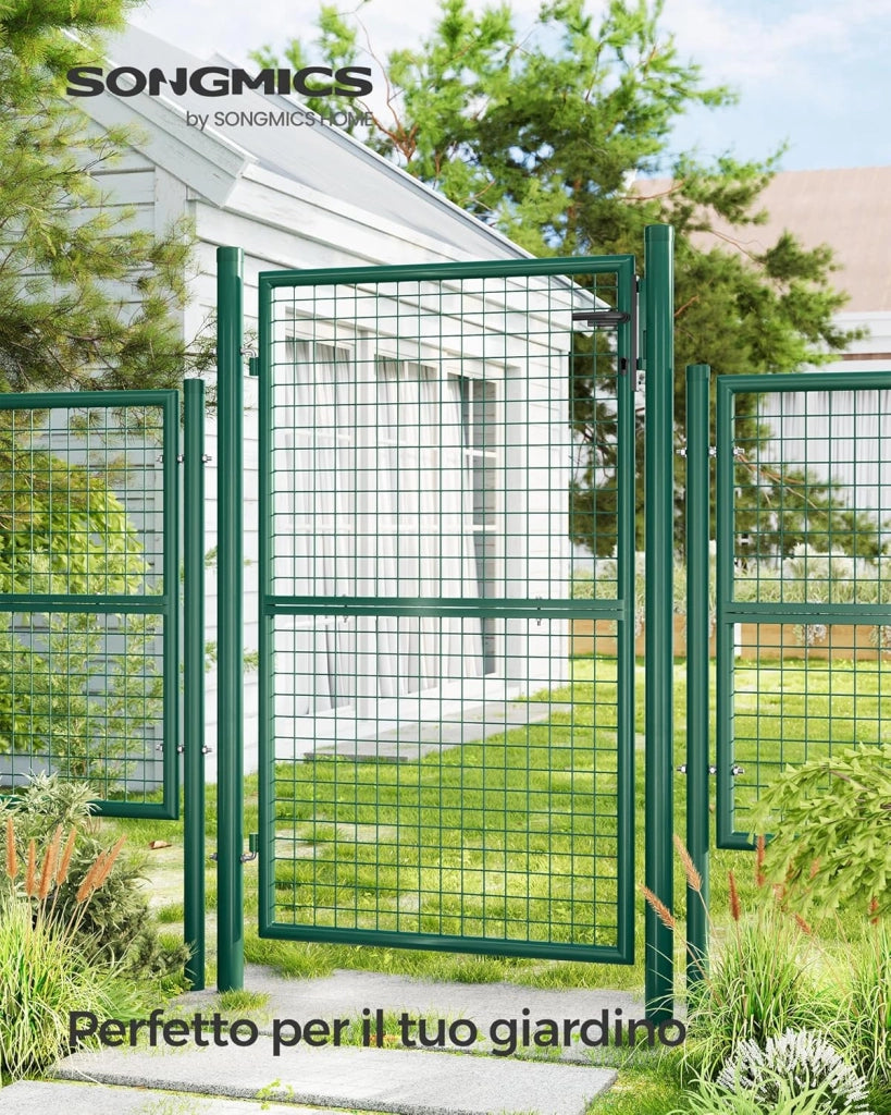 SONGMICS Cancello da Giardino, Cancelletto da Giardino, Acciaio Zincato con Serratura, Porta di 106 x 150 cm (L x H), Tubo Tondo, Cancello per Recinzione, Verde GGD200G