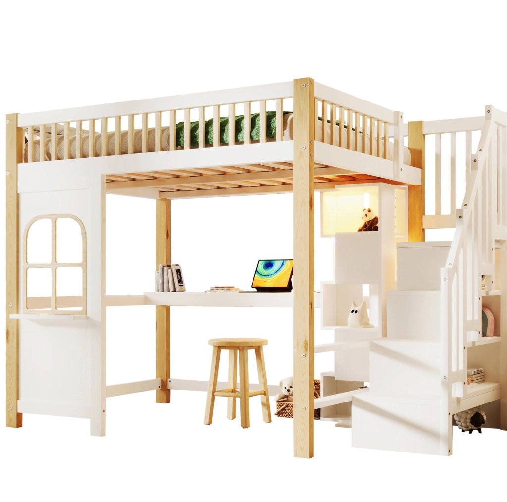 Letto a soppalco 140x200 cm con scrivania, contenitore e luci LED