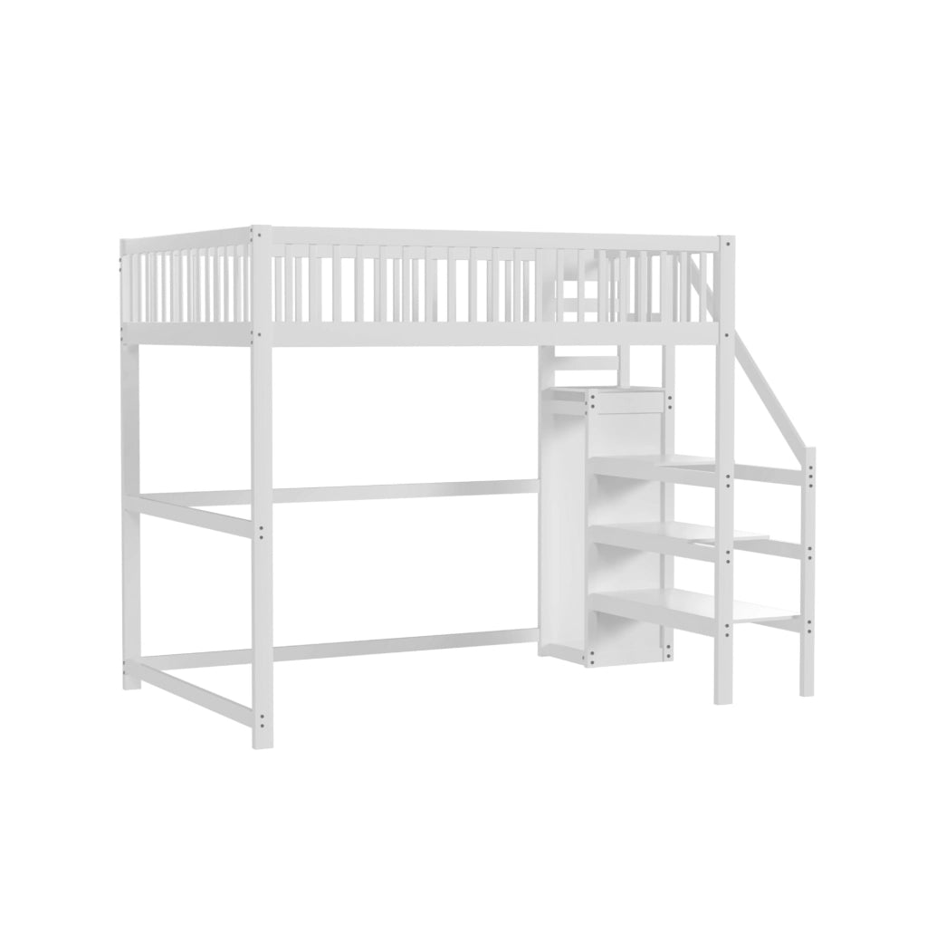 Letto a soppalco 140x200 cm con scala e armadio; legno; bianco (Senza materasso)