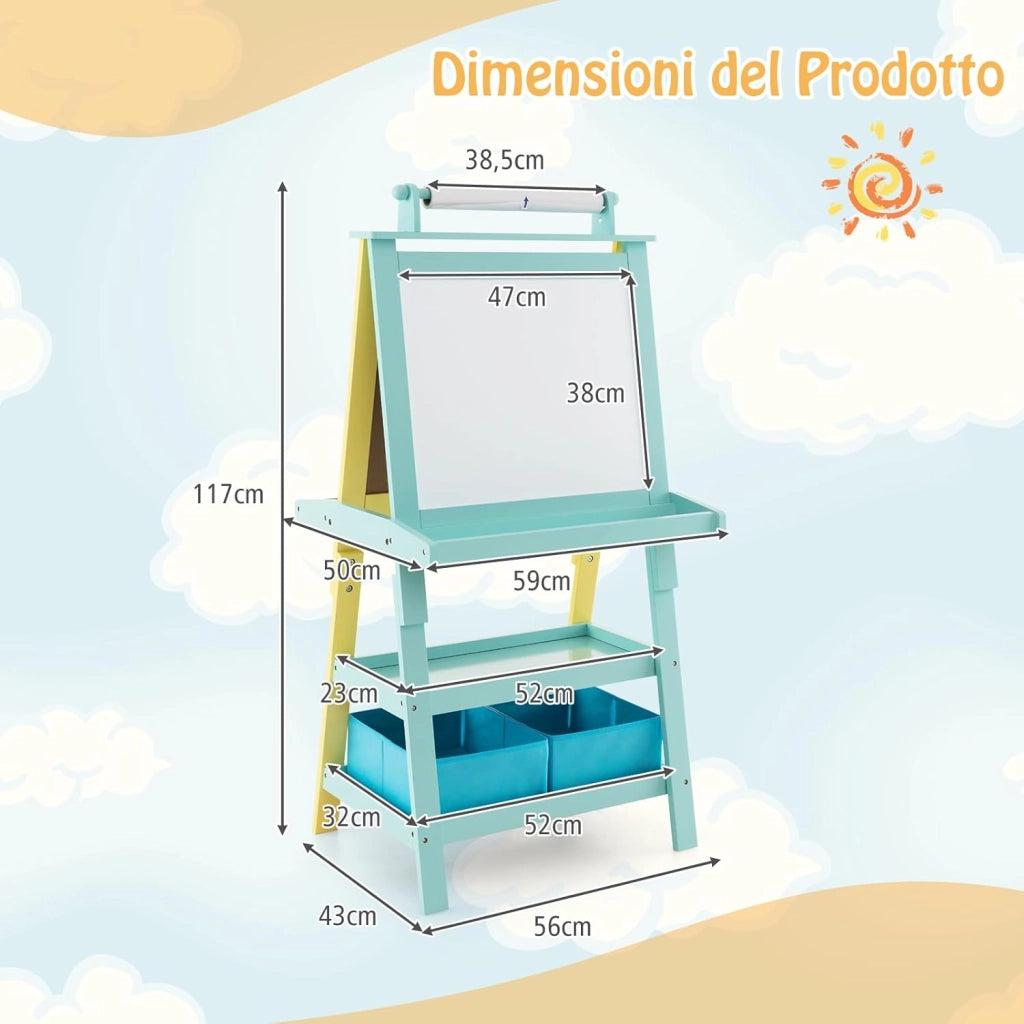 3 in 1 Cavalletto per Bambini con Doppia Faccia, Cavalletto per Disegno con 2 Vassoi e 2 Scatole, Lavagna Bambini in Legno (Verde)