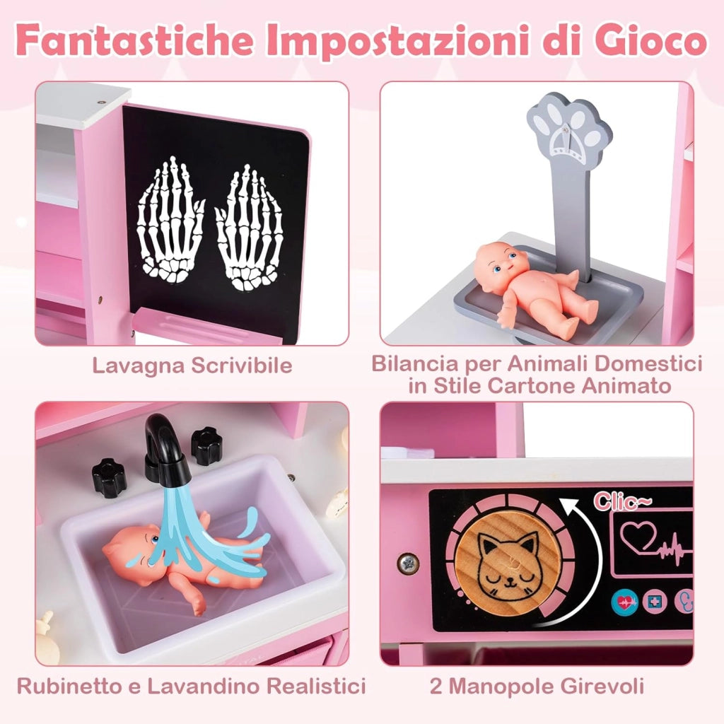 Kit Medico Giocattolo in Legno, Centro Veterinario Pieghevole con Bilancia Animali e 22 Accessori, Gioco Educativo Simulazione Dottore, Regalo per Bambini 3-6 Anni (Rosa)