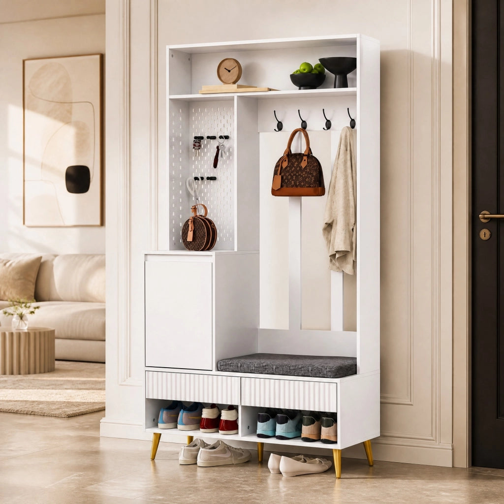 Mobile ingresso con panca, appendiabiti a parete, 4 ganci, 2 cassetti e vano contenitore, Bianco, 100x35x180 cm