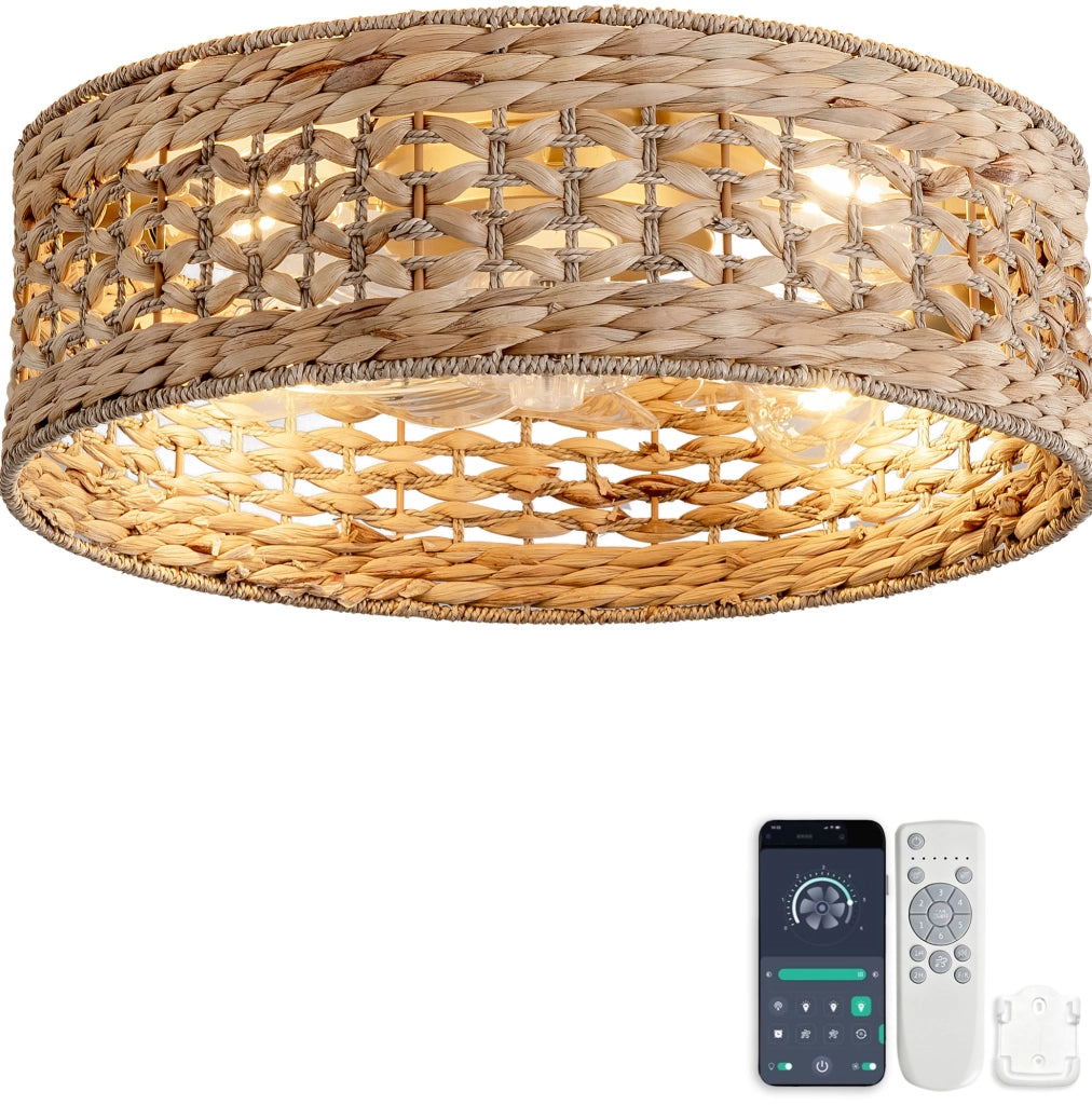 Ventilatore da soffitto con luce in rattan color rame con app e telecomando