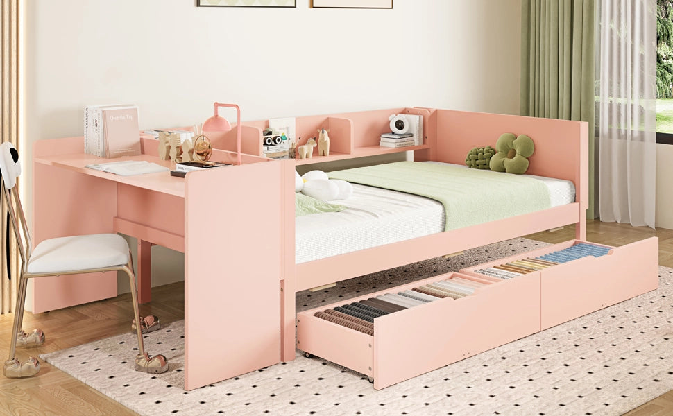 DESMIU Letto combinato letto singolo 1 posto con scrivania, 2 cassetti e 3 ripiani, 90 × 200 cm, senza materasso, rosa
