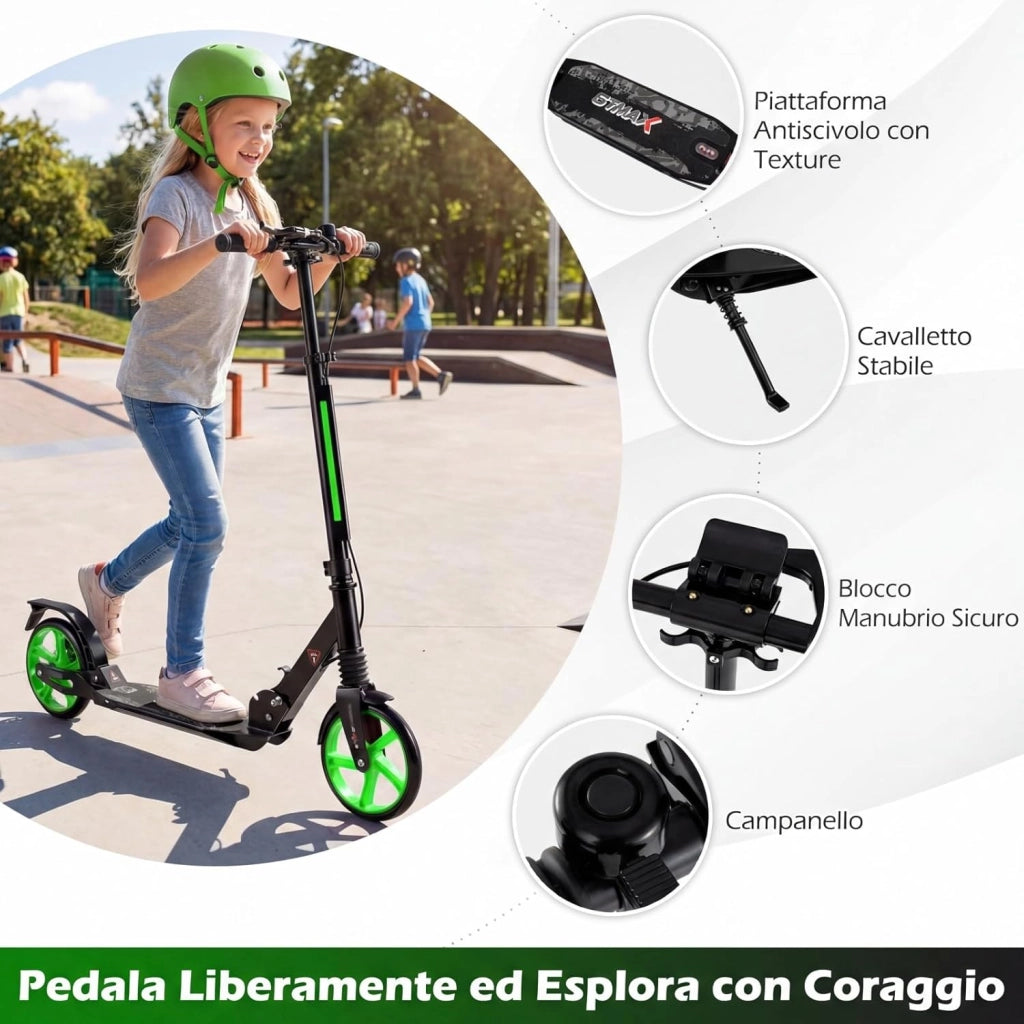 Monopattino Bambini e Adulti, Monopattino a Spinta Pieghevole e Regolabile in 3 Altezze, Monopattino Portatile con 2 Ruote, Cavalletto, Freno e Pedale Antiscivolo, Portata 100 kg