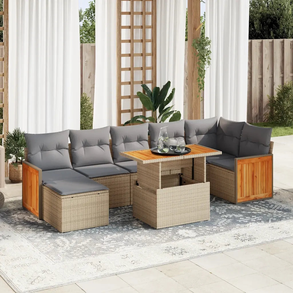Set Divano da Giardino 8 pz con Cuscini Beige Polyrattan Acacia