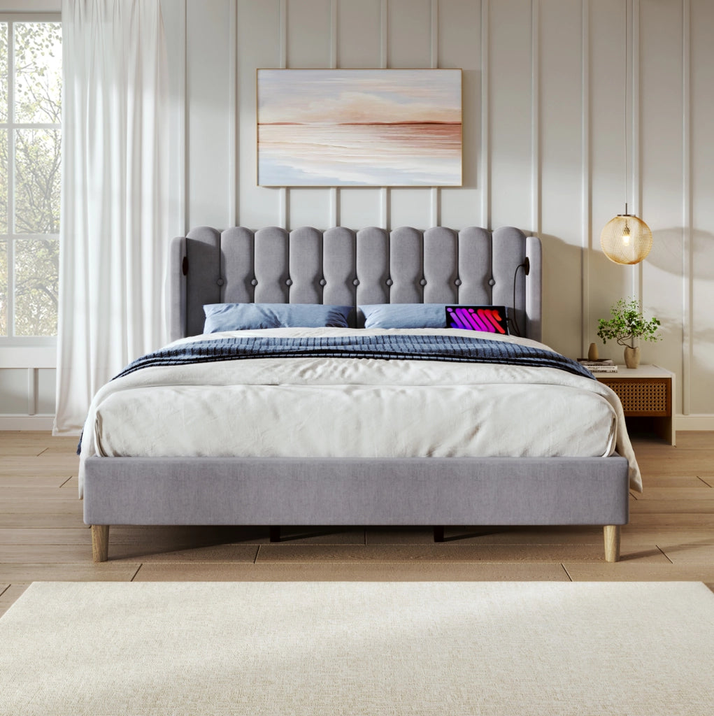 Letto matrimoniale imbottito 160x200 cm in lino grigio con USB e presa Type-C; con materasso