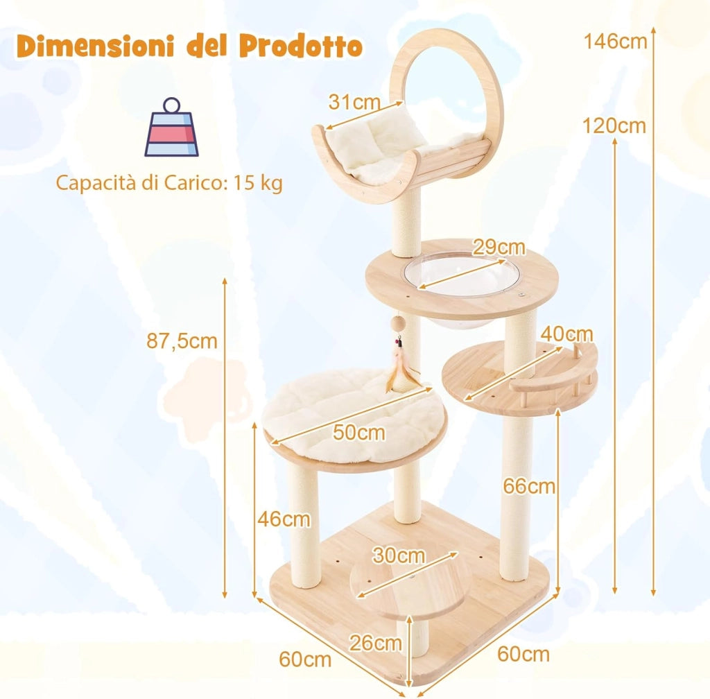 Tiragraffi per Gatti 4-in-1, Albero per Gatti in Legno di Quercia a Blocchi con Capsula Spaziale, Tiragraffi in Sisal, Piattaforma Imbottita e Giocattolo Appeso, 60 x 60 x 146 cm