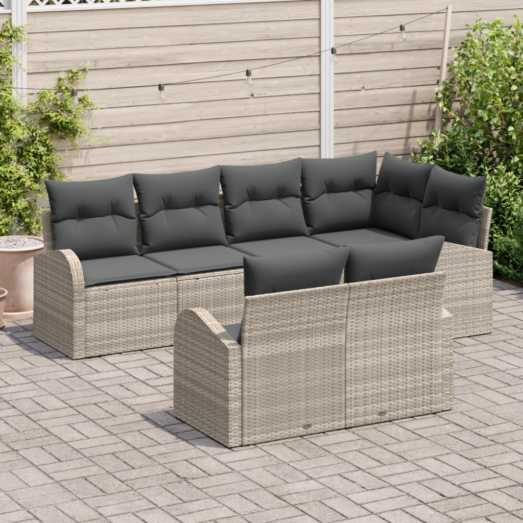 Set di divani da giardino 7 pezzi con cuscini grigio chiaro in polyrattan