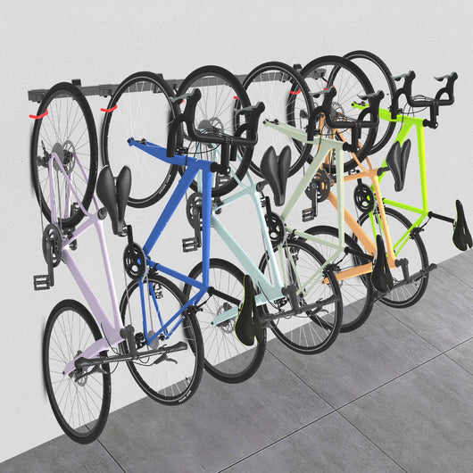 Portabici da muro per 6 biciclette 160,4 x 18 x 10,5 cm, max 150 kg, portabici da parete universale, facile installazione, supporto con 6 ganci appendi bici in acciaio