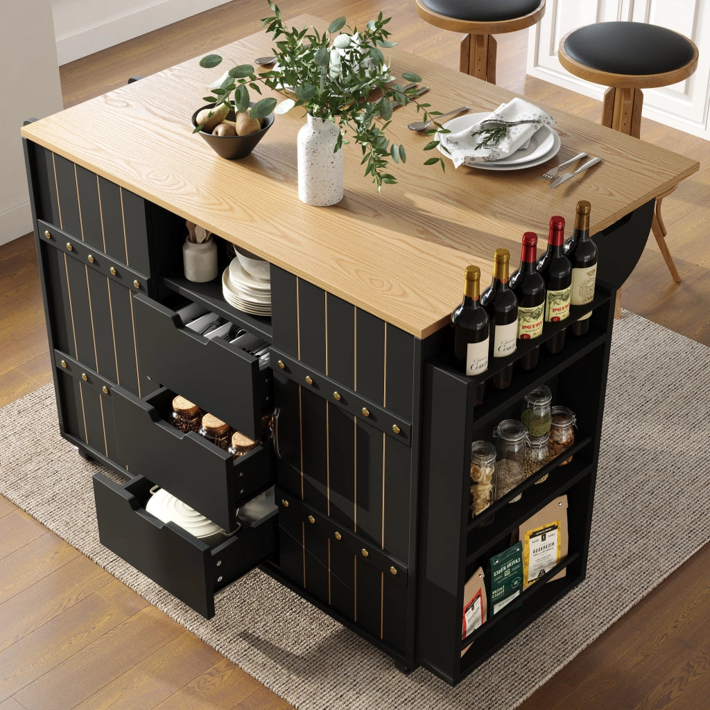 Carrello da Cucina con 3 Cassetti; 2 Ante Scorrevoli; Ripiani Regolabili; Portasciugamani e Ruote; in MDF; Nero; 110 x 42 x 90 cm